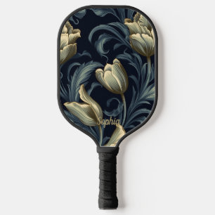 Gothic Tulips Floral Black Blue Yellow Monogram Pickleball Paddle