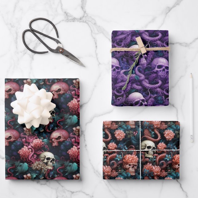 Gothic Underwater Octopus Tentacles and Skulls Wrapping Paper Sheet (Front)