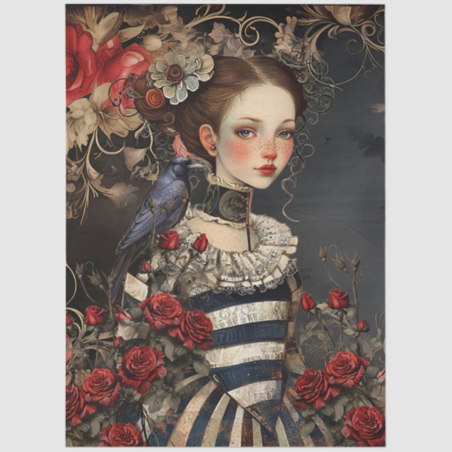 Gothic Valentine Girl & Raven w/ Red Roses Tissue Paper (Front)