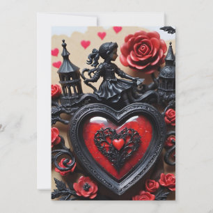 Gothic Valentine Red & Black Hearts & Roses Holiday Card
