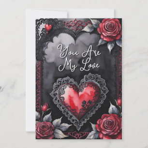 Gothic Valentine Red Hearts Black Lace & Roses Holiday Card