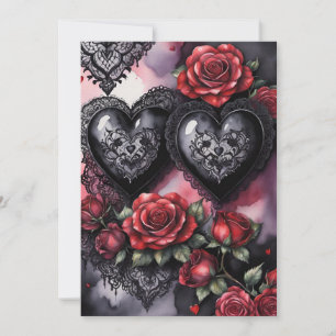 Gothic Valentine Red Hearts Black Lace & Roses Holiday Card
