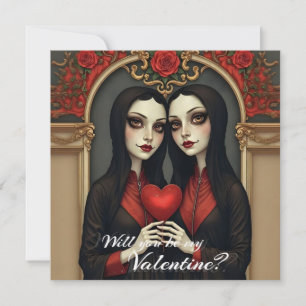 Gothic Valentine Twins with Red Heart Card