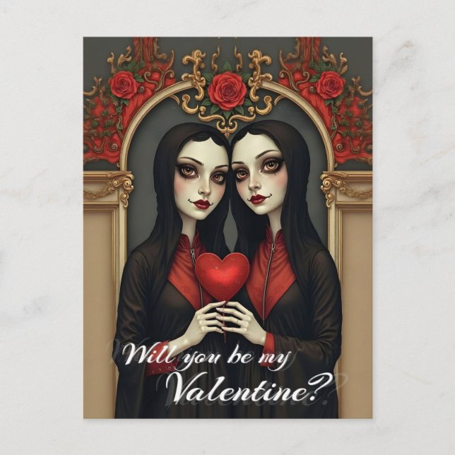 Gothic Valentine Twins with Red Heart Postcard (Front)