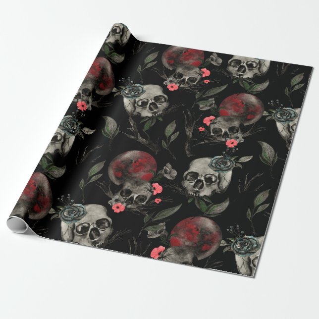 Gothic Valentines Day Red Black Roses Skulls Wrapping Paper (Unrolled)