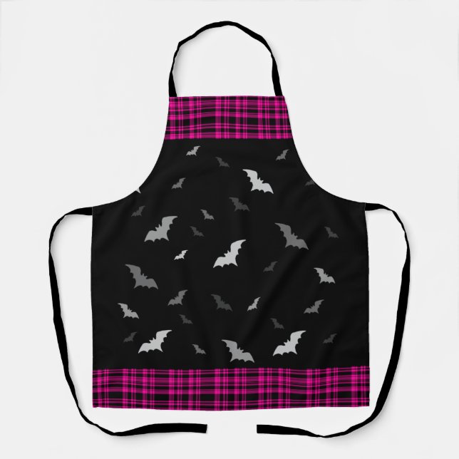 Gothic Vampire Bats Plaid Black & Pink Apron (Front)