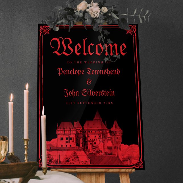Gothic Vampire Castle Border Black Red Wedding  Acrylic Sign (Gothic Vampire Castle Border Black Red Wedding Acrylic Sign)