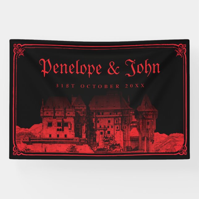 Gothic Vampire Castle Border Black Red Wedding Banner (Horizontal)