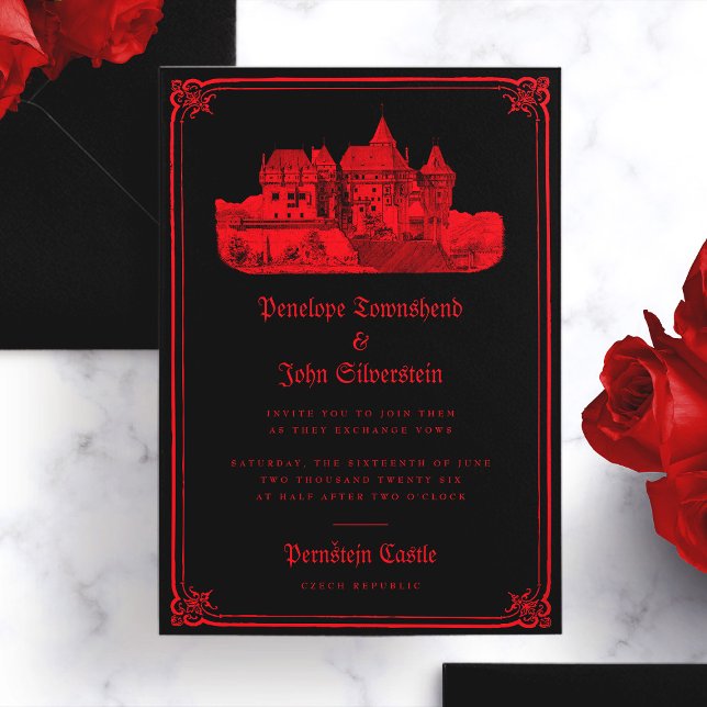 Gothic Vampire Castle Border Black Red Wedding  Invitation (Gothic Vampire Castle Border Black Red Wedding Invitation)