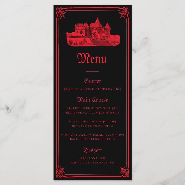 Gothic Vampire Castle Border Black Red Wedding  Menu (Front)