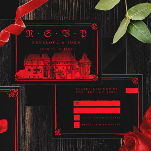 Gothic Vampire Castle Border Black Red Wedding RSVP Card