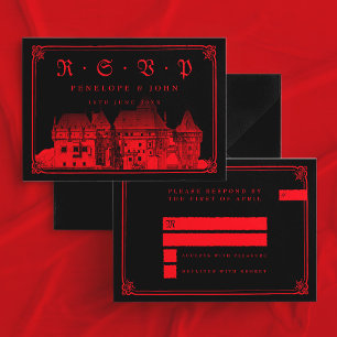 Gothic Vampire Castle Border Black Red Wedding RSVP Card