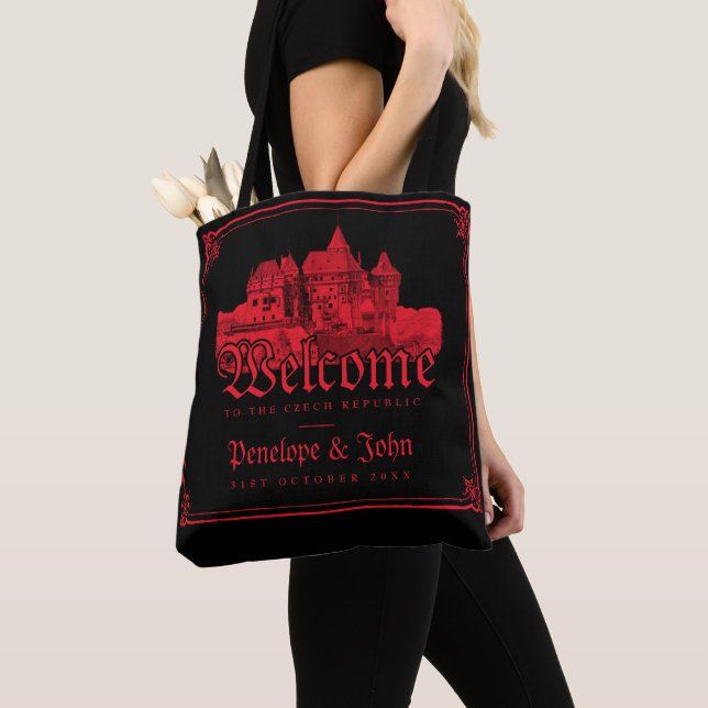 Gothic Vampire Castle Border Black Red Wedding  Tote Bag (Close Up)