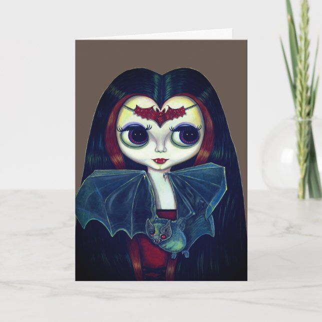 Gothic Vampire Girl with Bat Big Eyes Cute Card (Front)