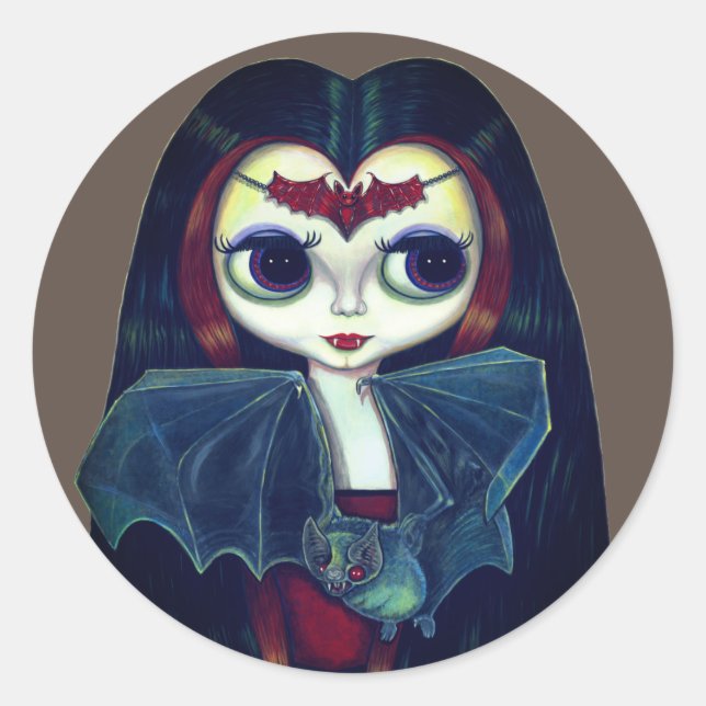 Gothic Vampire Girl with Bat Big Eyes Cute Classic Round Sticker (Front)