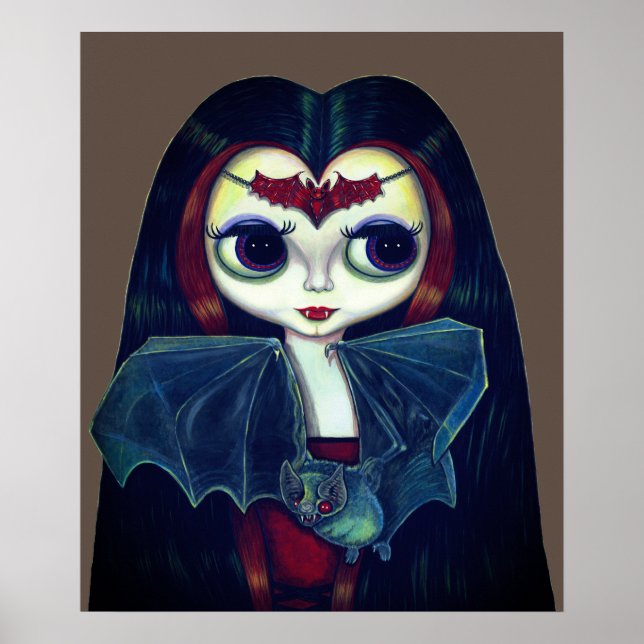 Gothic Vampire Girl with Bat Big Eyes Cute Poster (Front)