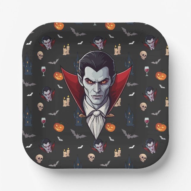 🧛‍♂️ Gothic Vampire Halloween Black Paper Plate  (Front)