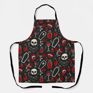 Gothic Vampire Pattern | Red Roses Bats Skulls & P Apron