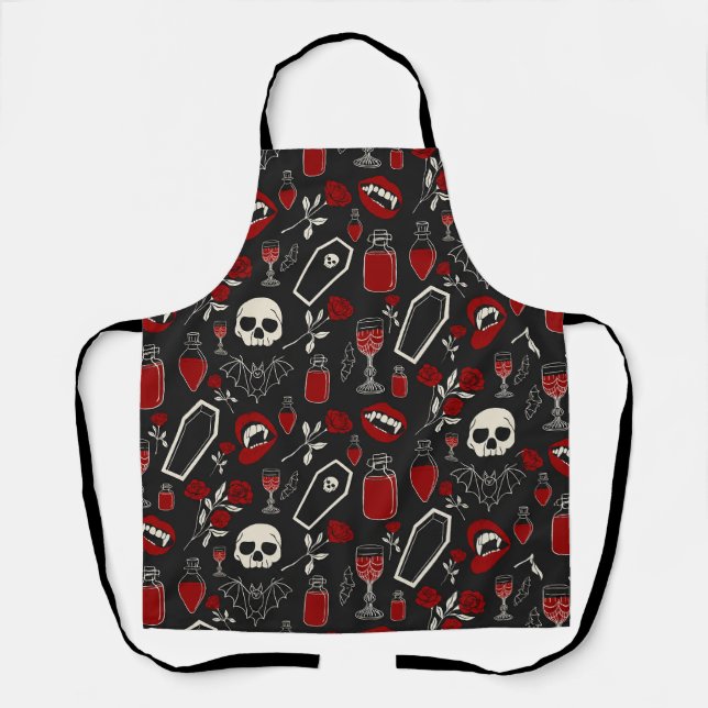 Gothic Vampire Pattern | Red Roses Bats Skulls & P Apron (Front)