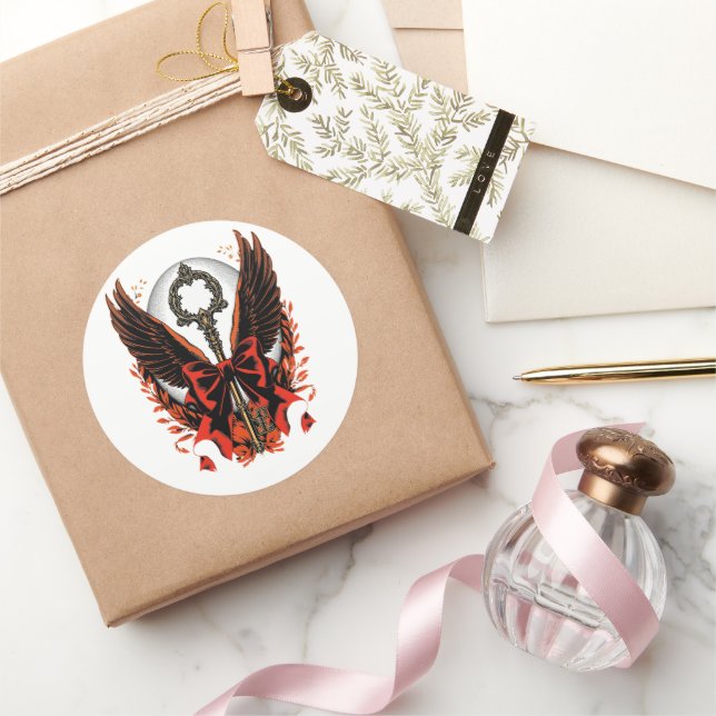 Gothic Velvet Bow Key with Wings & Moon Classic Round Sticker (Gifting)