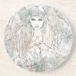 Gothic Victorian beauty witch with raven Coaster