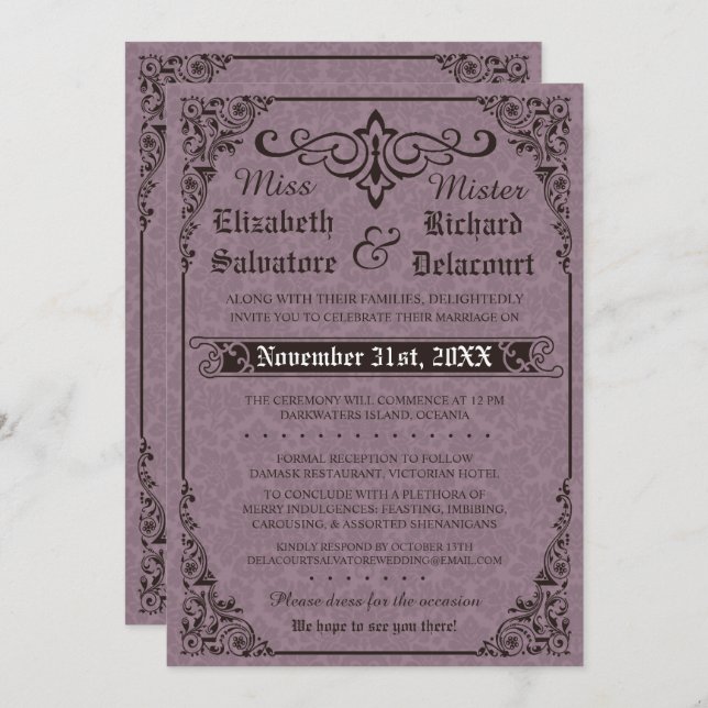 Gothic Victorian Damask Wedding Invitation (Front/Back)