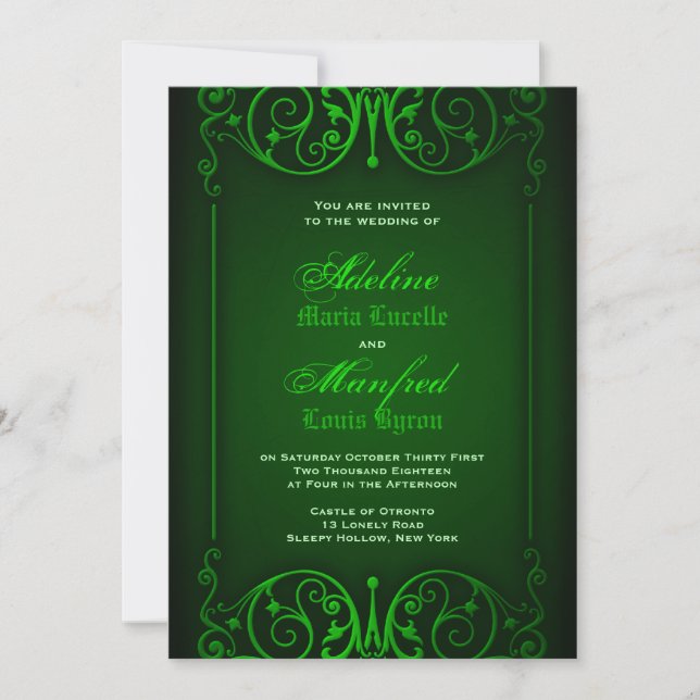 Gothic Victorian Ghoulish Green Wedding Invitation (Front)