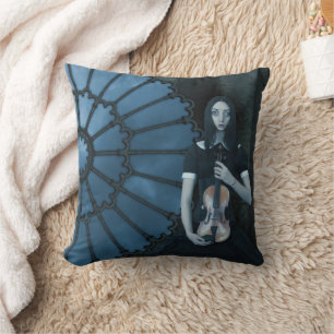 Gothic Victorian Girl Holding Violin Dark Fantasy Cushion