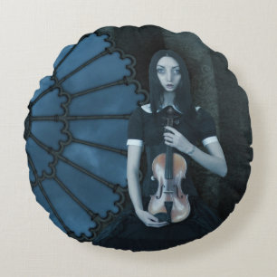 Gothic Victorian Girl Holding Violin Dark Fantasy Round Cushion