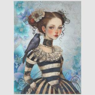 Gothic Victorian Girl & Raven Teal Florals Tissue Paper