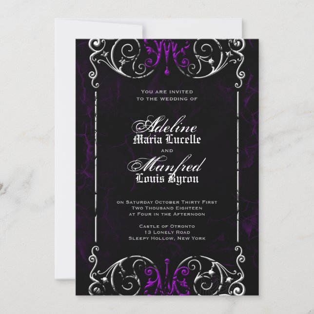 Gothic Victorian Halloween Purple Wedding Invite (Front)
