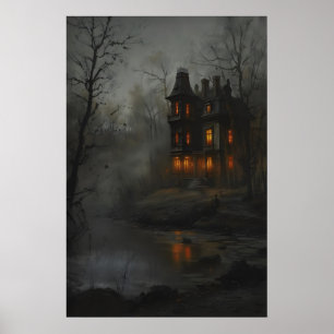 Gothic Victorian Manor Painting, Haunted House Art Poster