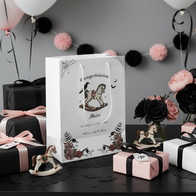 Gothic Victorian Rocking Horse Girl Baby Shower Medium Gift Bag (Elegant Gothic Halloween Girl Baby Shower Congratulations Gift Bag. Vintage Rocking Horse Pink Roses)