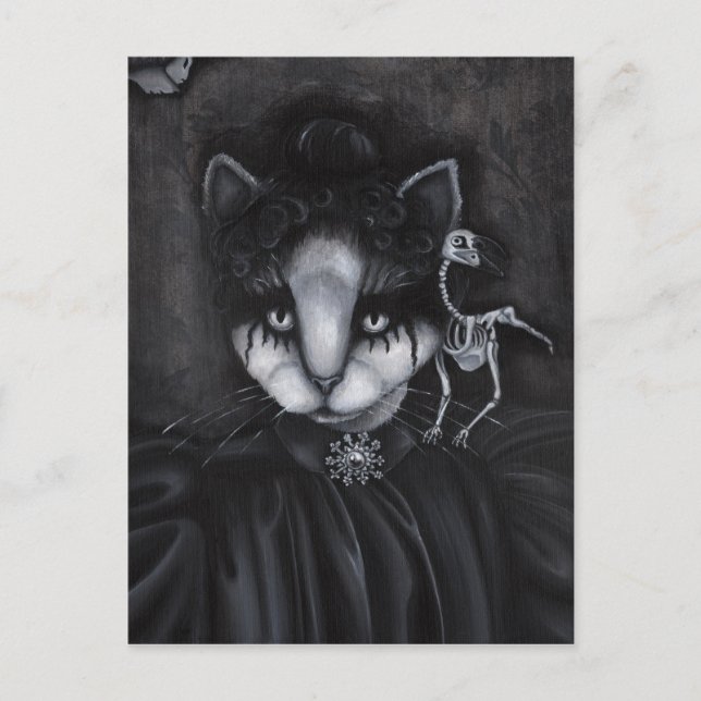 Gothic Victorian Skeleton Bird Creepy Cat Art Card (Front)