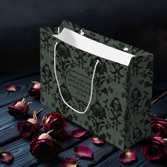 Gothic Victorian Skull & Rose Damask Gift Bag (For the hopeless romantics, just add your short message to this damask pattern gift bag)