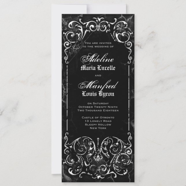 Gothic Victorian Spooky Black & White Wedding Invitation (Front)