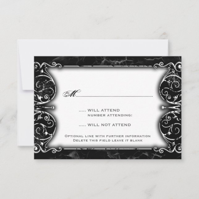 Gothic Victorian Spooky Black & White Wedding RSVP Card (Front)