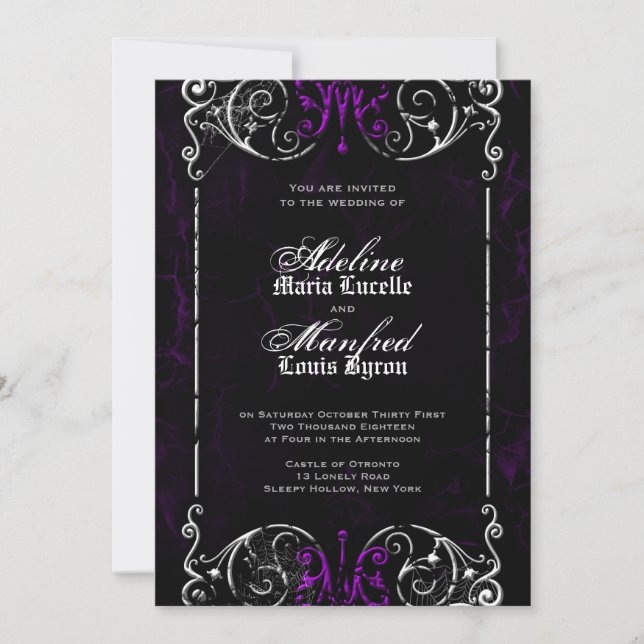 Gothic Victorian Spooky Purple Wedding Invite (Front)