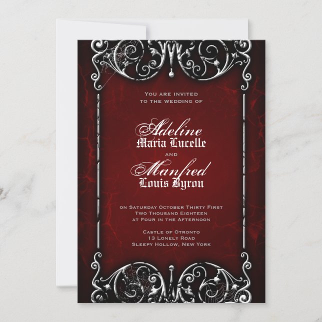 Gothic Victorian Spooky Red, Black & White Wedding Invitation (Front)