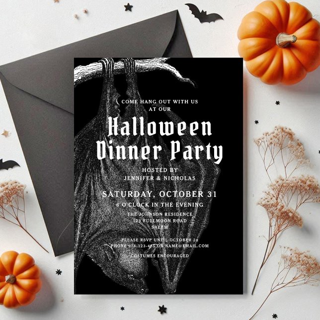 Gothic Vintage Bats Halloween Dinner Party  Invitation (Gothic Vintage Bats Halloween Dinner Party Invitation)