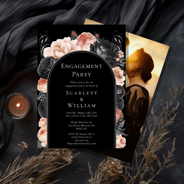 Gothic Vintage Black Arch Photo Engagement Party Invitation (Creator Uploaded)