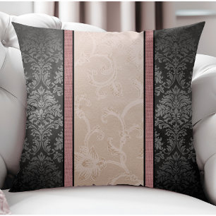 Gothic Vintage Blossoms: Black Damask & Pink Cushion
