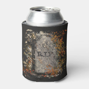Gothic Vintage R.I.P. Headstone And Fall Leaves Can Cooler