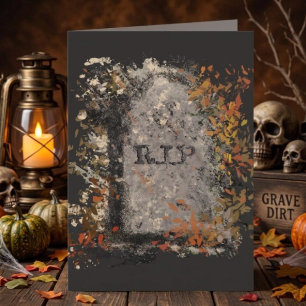 Gothic Vintage R.I.P. Headstone And Fall Leaves Card