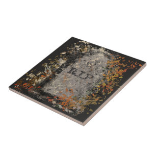 Gothic Vintage R.I.P. Headstone And Fall Leaves Ceramic Tile