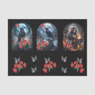 Gothic Vintage Raven & Red Roses Decoupage Tissue Paper