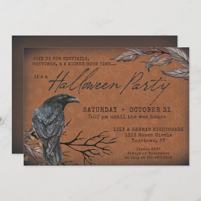 Gothic Vintage Raven Spooky Halloween Invitation (Front/Back)