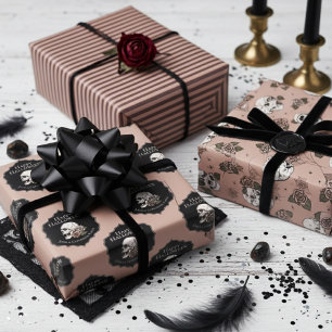 Gothic Vintage Rose Skulls and Stripes Halloween Wrapping Paper Sheet