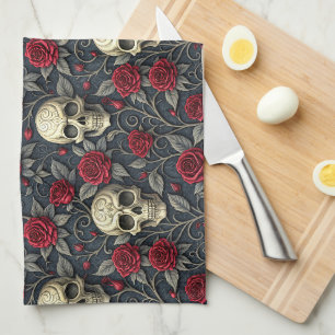 Gothic Vintage Skull and Red Roses Floral Tea Towel