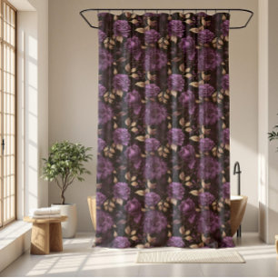Gothic Violet And Gold Dark Botanical Pattern Shower Curtain